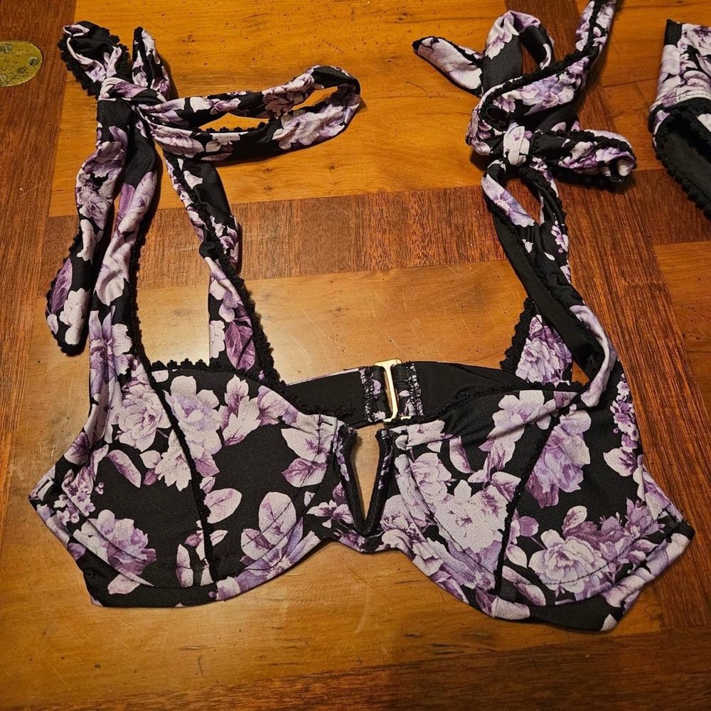 Free People Black & Lavender Floral Underwire Tie-Strap Bikini Top